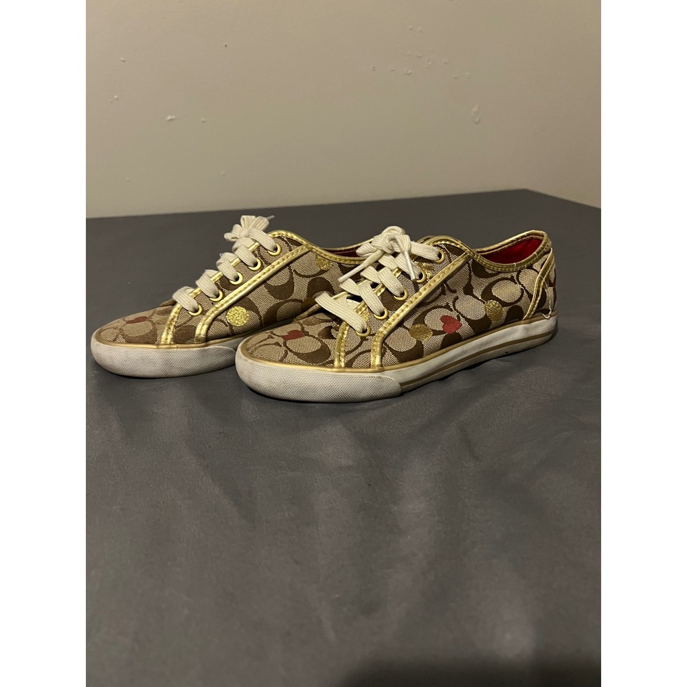 Coach Signature Monogram Heart Polka Dot Sneakers Gold Trim Brown Tan Low‎ Top